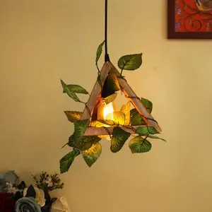 Homesake Hanging Pendant Plant Light Fixtures Creative Home Decor Living Room Dining Ceiling Light with Leafy Vine and Filament Bulb Natural Wood Triangle