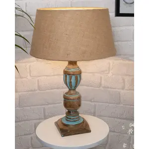 Homesake Signature Rustic Table Lamp with Jute Drum Shade Farmhouse Living Room Bedroom House Bedside Nightstand Home Office Reading Light (Blue French Trophy)