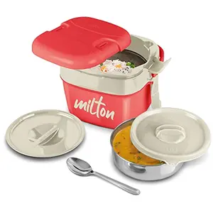 MILTON Cubic Big Inner Stainless Steel Tiffin Box 1100 ml Red | Inner Small Leak Proof Container & Spoon | PU Insulated | BPA Free | Easy to Carry