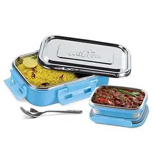 MILTON Steel Flat Insulated Inner Stainless Steel Tiffin Box 700 ml with Inner Stainless Steel Container 170 ml and Spoon Light Blue | Food Grade | Easy to Carry | Easy to Clean | PU Insulated