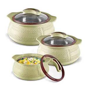 MILTON Weave Jr. Insulated Inner Stainless Steel Casserole with Glass LidSet of 3 (420 ml 780 ml 1.32 litres)Beige | BPA Free |Food Grade | Easy to Carry | Ideal for Chapatti | Roti | Curd Maker