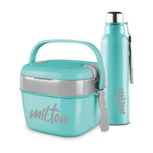 Milton Cube Lunchmate (Steel Fit Insulated Water Bottle 630 ml & Cubic Big Tiffin 1.1 Litre) Aqua Green | PU Insulated | BPA Free | Easy to Carry | Hot and Cold | Inner Steel