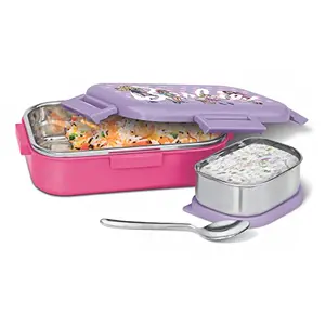 MILTON Flatmate Barbie Inner Stainless Steel Tiffin Box 700 ml with Inner Stainless Steel Container 200 ml and Spoon Cherry Pink | Food Grade | School Lunch Box | Picnic