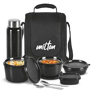 Milton Pro Lunch Tiffin (3 Microwave Safe Inner Steel Containers 180/320/450 ml; 1 Plastic Chutney Dabba100 ml; 1 Aqua Steel Bottle 750 ml Steel Spoon and Fork) With Insulated Fabric Jacket Black