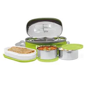 MILTON Executive Lunch Insulated Tiffin 2 Round Containers 280 ml Each 1 Oval Container 450 ml Green| Microwave Safe | Easy to Carry | Leak Proof | Insulated Tiffin | Hot Food