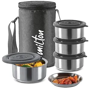 MILTON Ambition 4 Stainless Steel Tiffin 4 Containers 300 ml Each with Jacket Black | Light Weight | Easy to Carry | Leak Proof | Food Grade | Odour Proof