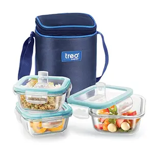 Treo by Milton All Fresh Square Glass Tiffin Containers With Insulated Jacket 3 Containers 320 ml Each Blue | Microwave Safe | Ovensafe | Stackable | Leak Proof | Office | School | College | Picnic