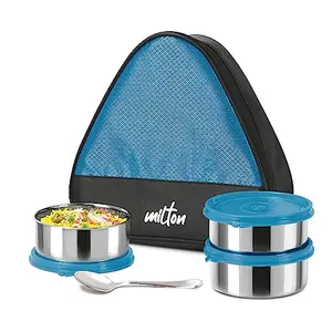 MILTON Trident Stainless Steel Lunch Box (3 Leak Proof Round Containers 320 ml Each 1 Spoon) with Insulated Jacket Blue | Tiffin | Food Grade | Easy to Carry | Odour Proof