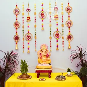 Festive Vibes Decor Artificial Lotus Hangings & Ganesha Strings Toran Backdrop for Ganpati Decoration at Home | Home Decor | Diwali Decor | Pooja Decoration | Temple Decoration