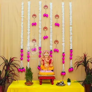 Festive Vibes Decor Artificial Flowers for Decoration Lotus Hangings and Gajra Strings Toran Backdrop for Ganpati Decoration Home Decor Diwali Decor Pooja Decor Temple Decor (12 Items)