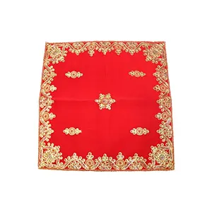 Festive Vibes Velvet Embroidered Baithak Assan/Ganpati Rumal Velvet Plain Pooja Cloth/Puja Assan/Puja Chowki Assan Puja Altar Cloth for Multipurpose use for Home Mandir Size- 18 * 18 Inch (Red)