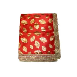 Festive Vibes Satin Golden Print Puja Altar Cloth for Multipurpose Use Devi MATA Chunri Puja Chunni Cloth Size - 1 Meters (Red)
