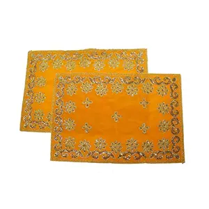 Festive Vibes Puja Assan Velvet Puja Cloth/Puja Aasan/Puja Chowki Assan Embroidered Velvet Puja Altar Cloth for Pooja Home Mandir Temple and Pooja Ghar Size - 10 * 13 Inch (Pack of 2) (Yellow)