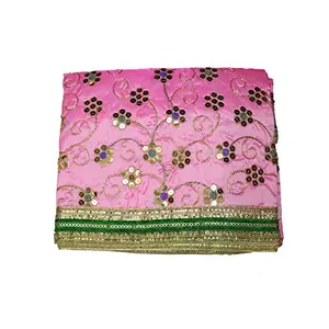 Festive Vibes Net tikli Work with Golden Border Puja Altar Cloth for Multipurpose Use Devi MATA Chunri/Puja Chunni Cloth for Puja Table Size - 1 Meter (Baby Pink)