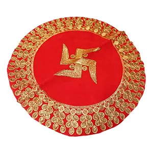 Festive Vibes Pooja Chowki Assan/Puja Assan/Embroidered Puja Altar Cloth for Multipurpose/Prasad Thali Cover/Puja Table Assan/Karwachauth Thali Cover Diameter - 16 Inch