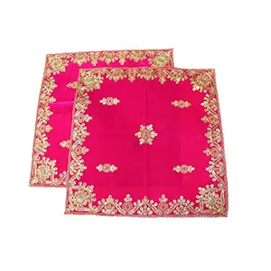 Festive Vibes Velvet Embroidered Pooja Assan/Ganpati Rumal Velvet Pooja Cloth Puja Assan/Puja Chowki Assan use for Home Mandir Size- 18 * 18 Inch Pack of 2 Piece (Pink)