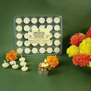 Welburn Veda&Co Pure Cow Ghee Batti for Puja - 30 Pieces Ghee Diya Batti with Cotton Wick 30 Min Burn Time Ghee Blended Diyas One Month Pack for Home & Temple