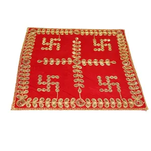 Festive Vibes Swastik Design Red Velvet Pooja Aasan Cloth/Pooja Asan Kapda/Embroidered Puja Chowki Cloth for Home Mandir Temple Pooja Assan Size 15" X 15" Inch Red (Medium)