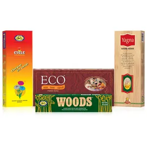 Agarbatti Combo Pack of 4 - Three in One Woods Yagna and ECO Handcrafted Premium Incense | Floral Woody Sandal Natural Fragrance Incense Sticks | Agarbathi For Puja Festivals Good Vibes Gifting