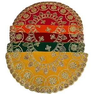 Festive Vibes Pooja Chowki Aasan Prasad Thali Cover Combo - Multicolour 16 Inch Pack of 5 Piece