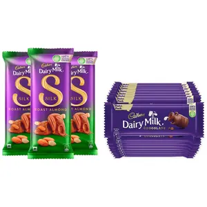 Cadbury Dairy Milk Chocolate Bar 15 x 55 g Maha Pack & Cadbury Dairy Milk Silk Roasted Almonds Chocolate Bar Pack of 3 x 143g