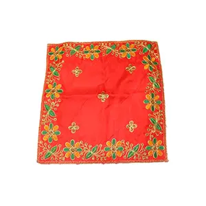 Festive Vibes Ganpati Puja Rumal Silk Satin Work Pooja Altar Cloth for Puja Table Puja Assan/Puja Chowki Assan/Puja Cloth for Multipurpose Use Size 18 * 18 Inch Red