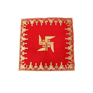 Festive Vibes Velvet Swastik Pooja Assan/Ganpati Rumal Velvet Pooja Cloth Puja Assan/Puja Chowki Assan Altar Cloth for Size- 18 * 18 Inch Red Pack of 1 Piece