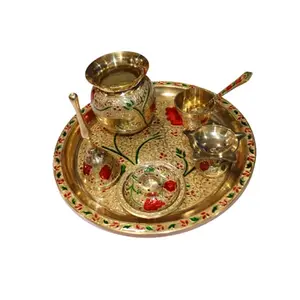 Festive Vibes Brass Floral Design Puja Thali Complete Set for Daily Worship Aarti Thali for Home Mandir Puja Samagri for Home Mandir (Golden)