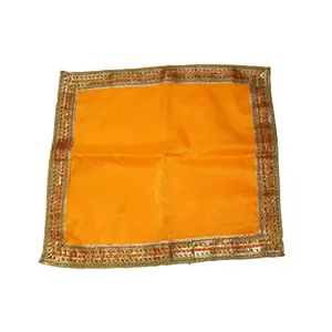 Festive Vibes Ganpati Puja Rumal Silk Satin Pooja Altar Cloth for Puja Table Puja Assan/Puja Chowki Assan/Puja Cloth for Multipurpose Use for Home Mandir Size- 18 * 18 Inch (Yellow) (Yellow)