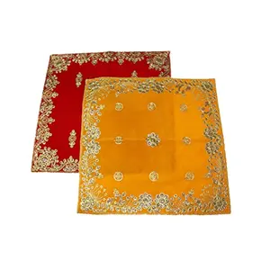 Festive Vibes Velvet Embroidery Assan/Ganpati Rumal Velvet Fancy Pooja Cloth Altar Cloth for Multipurpose use for Home Size- 18 * 18 Inch Pack of 2 Piece (Red Yellow)