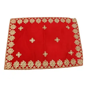 Festive Vibes Velvet Puja Assan Cloth/Puja Aasan/Puja Chowki Assan/Puja Altar Cloth for Multipurpose Use Velvet Mat Size - 12 * 18 Inch Red Cotton