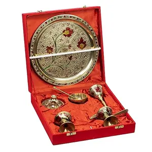 Festive Vibes Brass Floral Design Antique Finishing Puja Thali Complete Set for Daily Worship Aarti Thali for Home Mandir Puja Samagri for Home Mandir with Velvet Box Size - 10 Inch