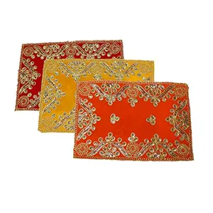 Festive Vibes Multicolour Puja Assan Velvet Puja Cloth/Puja Aasan/Puja Chowki Assan Fancy Velvet Puja Altar Cloth for Pooja Home Mandir Temple and Pooja Ghar Size - 9 * 7 Inch (Pack of 3)