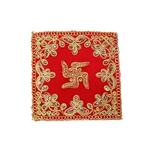 Festive Vibes Velvet Swastik Pooja Assan/Ganpati Rumal Velvet Pooja Cloth Puja Assan/Puja Chowki Assan for God Idol Sitting Puja Altar Cloth for Size- 8 * 8 Inch Red Pack of 1 Piece
