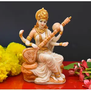 Festive Vibes Saraswati Ji Polyresin Marble dust Murti for Pooja Room I Home Temple Decoration Items I god Idols I Statue I God Idols I Home Temple Decoration Items (Size :: 6x3 Inch) Gold