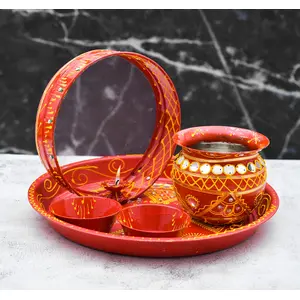 Festive Vibes Metal Pooja Thali Set for Karwachauth Decorated Golden Stone Lace/Stainless Steel Karwa chauth Puja thali Set for Vrat Poojan(Pack of 6 Item)