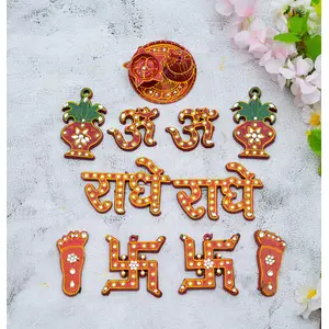 Festive Vibes Plastic Puja Articles for Pooja Room and Diwali Sticker Set of 6 (Kalash || Laxmi Pav || Om ||Radhey || Swastik ||Agarbatti & Deepak Stand) for Temple Home & Office Dcor