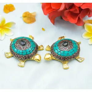 Festive Vibes Feng Shui Wish Fulfilling Brass Tortoise/Turtle with Secret Wish Compartment Pack of 2 (3.5 Inch)(Turquoise)
