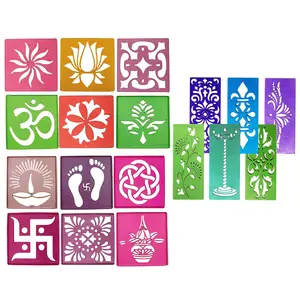 Festive Vibes 12 Different Design Draw Rangoli Making Kit Rangoli Stamp Om Swastik Flower Design Colourful Rangoli Making Stencils & 6 Border Stencils