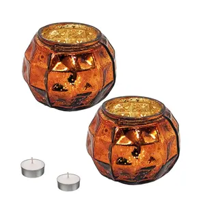 Festive Vibes Set of 2 Copper Mercury Votive Glass Tealight Candle Holders with Tealight for Festive Decor Diwali Lighting Decoration and Corporate Gifts (Glass Dimension - 8x8x7 Cms.)
