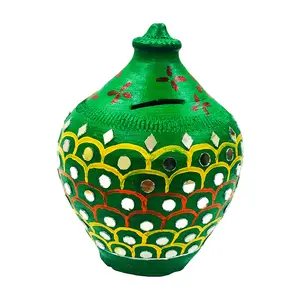 Festive Vibes Handcrafted Handpainted Terracotta Money Bank Coin Holder Piggy Bank Mitti Ki Gullak Coin Box Money Box - Gift Items for Kids and Adults (Green) (Small (Height : 8 Inches.))