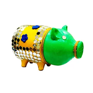 Festive Vibes Handcrafted Terracotta Money Bank Coin Holder Piggy Bank Mitti Ki Gullak Coin Box Money Box - Gift Items for Kids and Adults (Shape : Pig) (Yellow-Green)