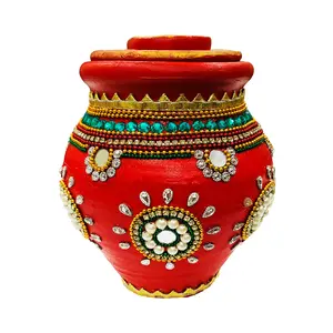 Festive Vibes Handcrafted Decorative Terracotta Earthenware Clay Traditional Kalash For Puja with Lid And Diya Mitti Karwa Lota for Karwachauth Puja Clay Pot (Pot with Dhakan and Diya)