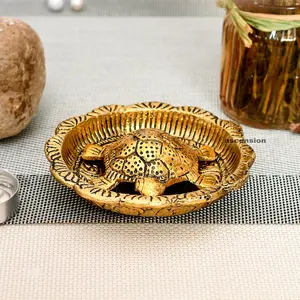 Festive Vibes Metal Kachua Tortoise Turtle on Golden Metal Plate with Golden Border Vastu Yantra Feng Shui Decorative Good Luck Showpiece