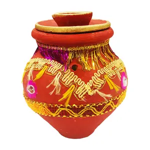 Festive Vibes Handcrafted Decorative Terracotta Earthen Clay Karwa with Diya Mitti Karva for Karwachauth Puja Clay Pot (Karwa with Dhakan and Diya)