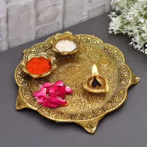 Festive Vibes White Metal Pooja Thali with Deepak Swastik Flower Designer Plate thali Diya Deepak Thali (Golden)