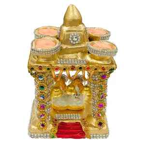 Festive Vibes Terracotta Earthenware Clay Hatri Lakshmi Ganesh Diwali Temple Mandir for Diwali Puja/Pooja with 4 Wax Filled Diya 0n Top (Color : Golden) Size(LxWxH in Cms.) : 13x9x20