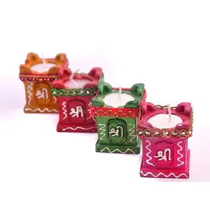 BUC 16 Pcs Clay and Terracotta Colourful Hand Painted Puja Tulsi Diya Candle for All Kind of Festival Diwali/Navratri for Home Decoration (Multicolour) (16)