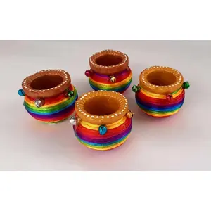 Festive Vibes Matka Diya Mitti/Clay/Terracotta Ghungroo Thread Kalash Design Diya for Ganpati Diwali Navratri Puja Festival Decoration -Set of 4