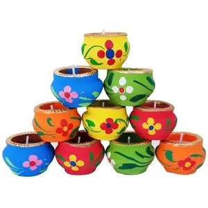 Festive Vibes Colourful Handmade Diyas for Diwali Hand Painted Decorative Clay Mitti Diya with Wax Filled Deepak Lanterns for Diwali Decoration (Combo Pack of 15)